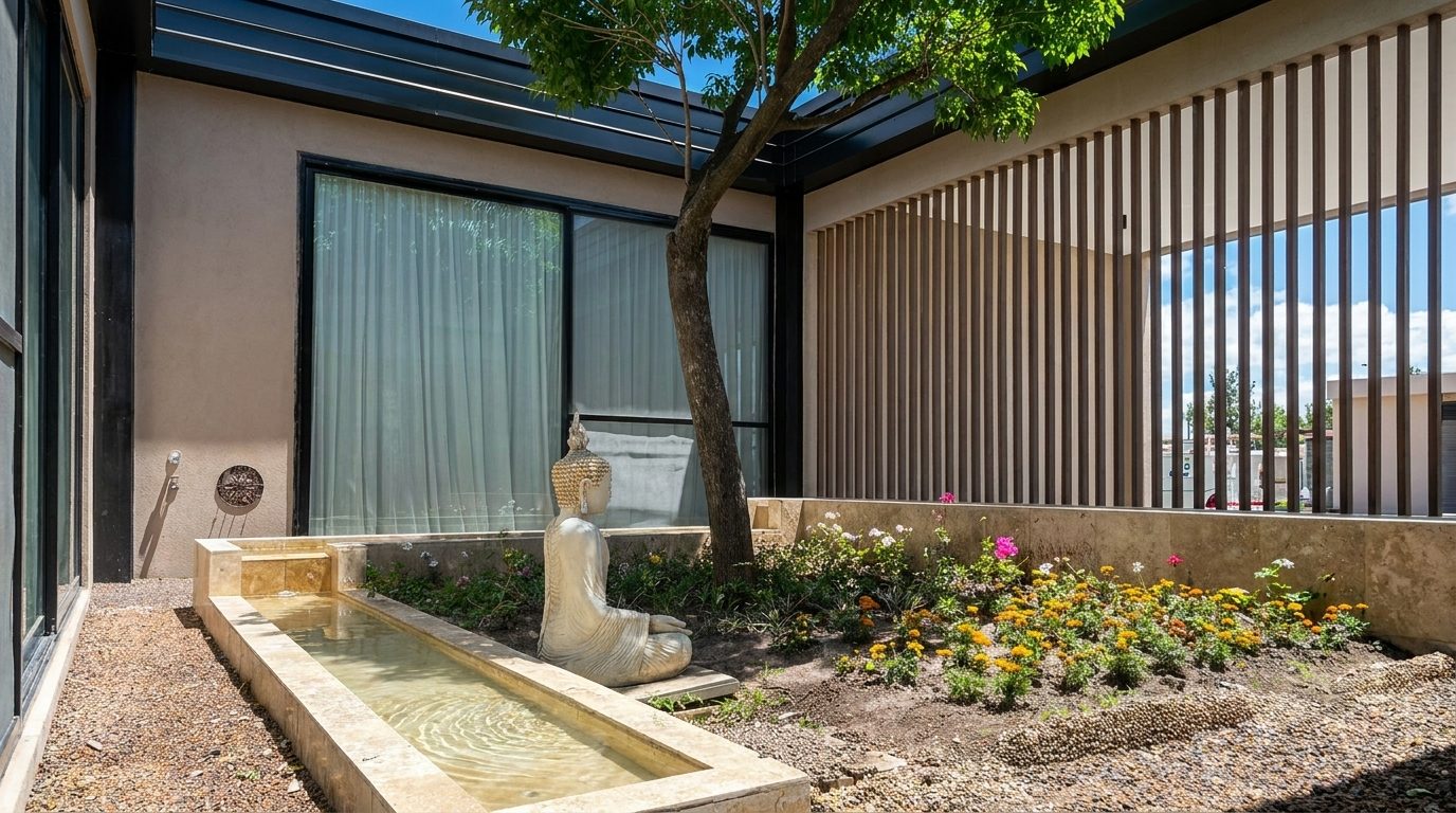 Patio interior con espejo de agua, escultura y cantero florido