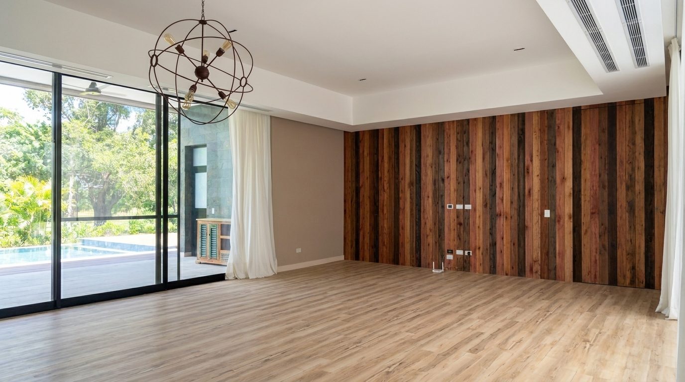 Interior con doble altura, muro de madera y ventanal al jardín