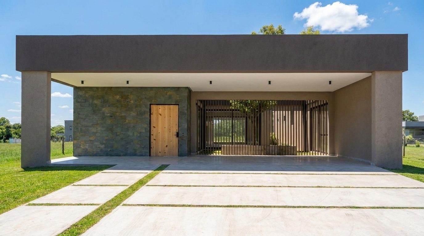 Casa moderna en un día de verano, cielo azul