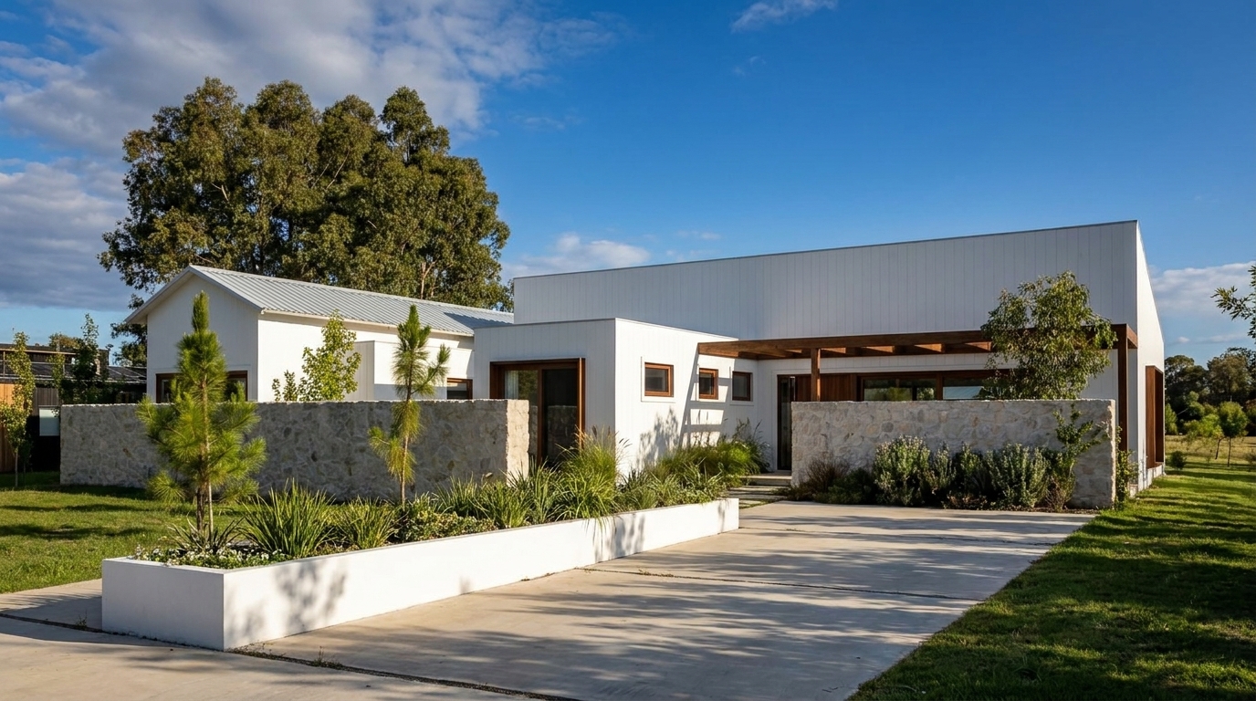 Casa blanca de volúmenes con muro de piedra, jardín y solado de acceso